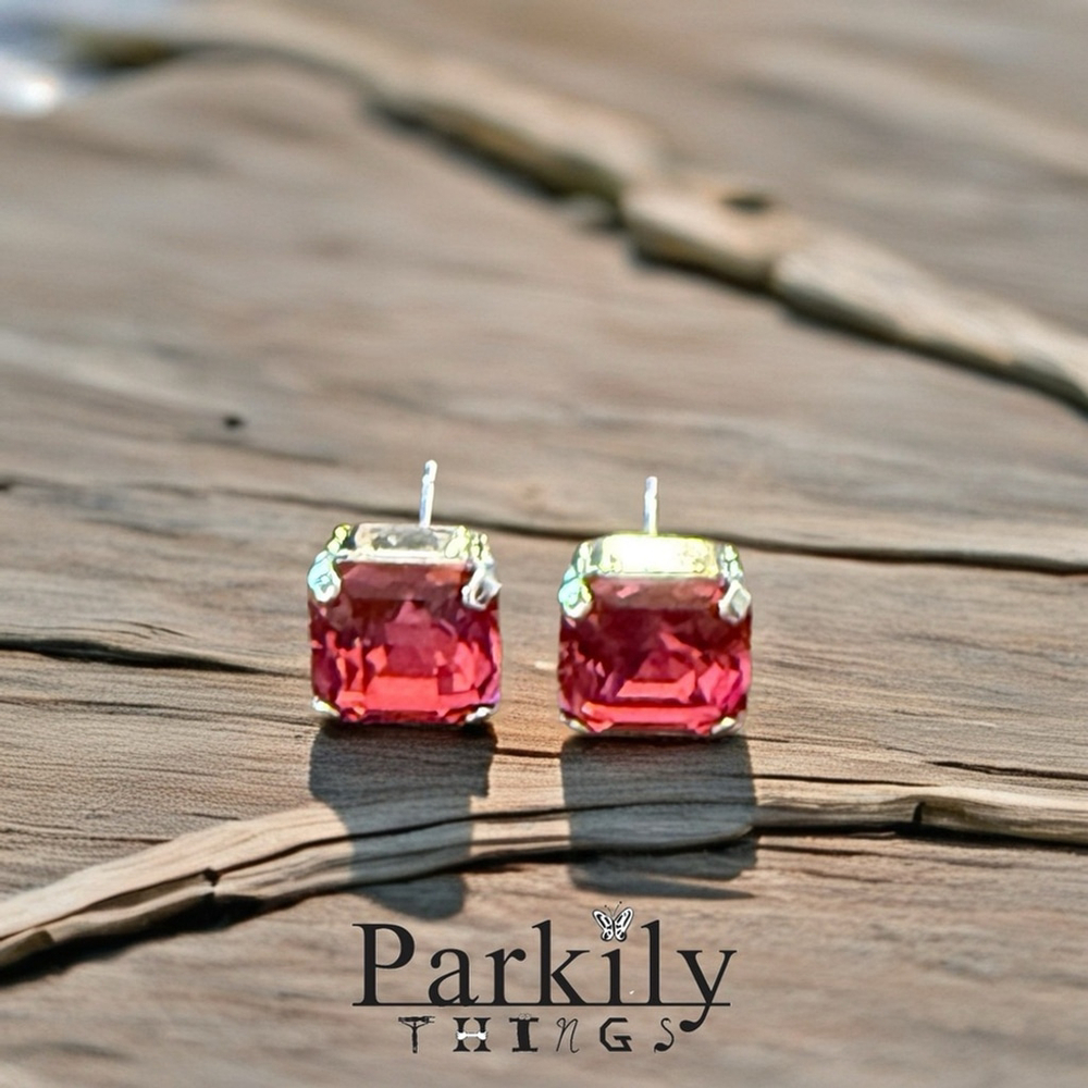 Reddish Pink Crystal Stud Earrings | Sparkly Cushion Cut | Silver Tone - Picture 2 of 3